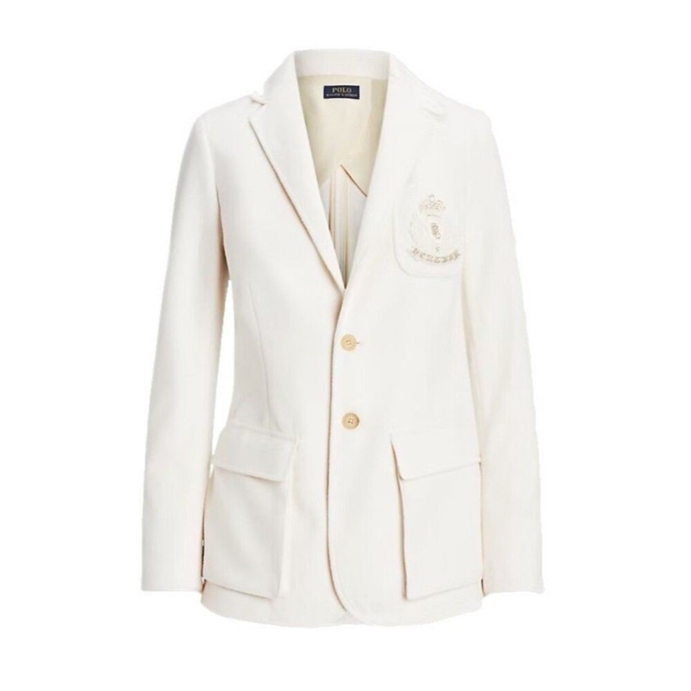 Polo Ralph Lauren Creme Crest Patch Wool Blend Blazer Women’s 10 Quiet Luxury - Picture 2 of 14